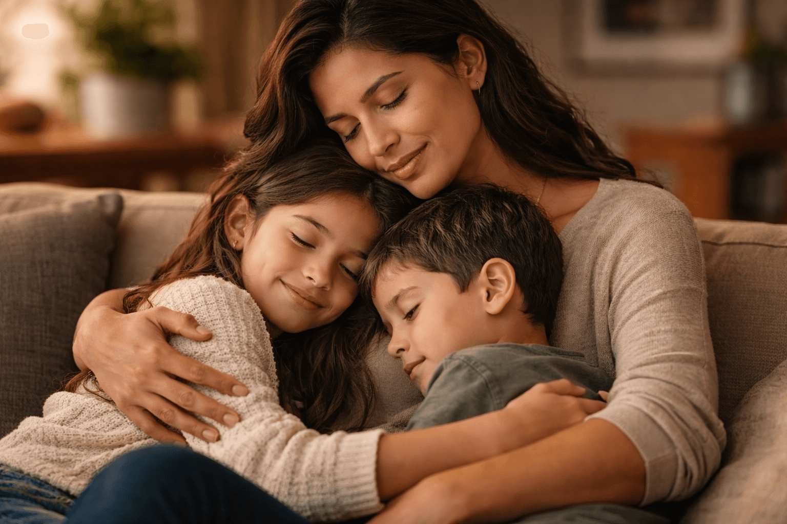 Madre abrazando a sus hijos — protección familiar